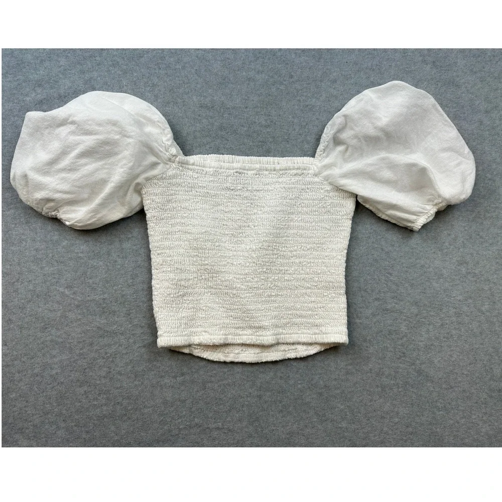 Abercrombie & Fitch White Smocked Puff Sleeve Square Neck Crop Top Small